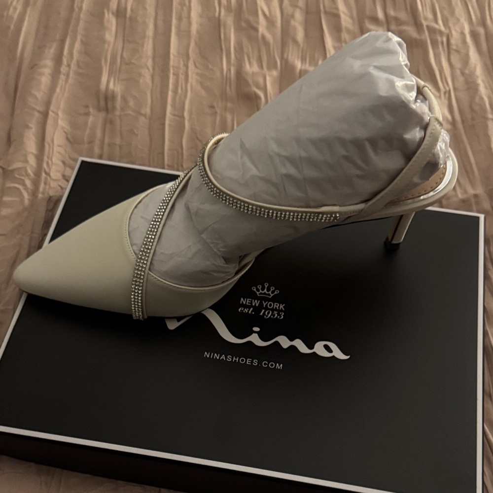 Nina Ivory Heels with Rhinestone Trim